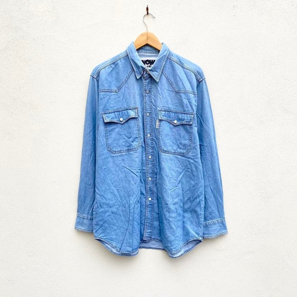Vintage 90's NOW! Jeans Light Blue Denim Flap Pocket Oversized Shirt Medium. - Picture 2 of 4
